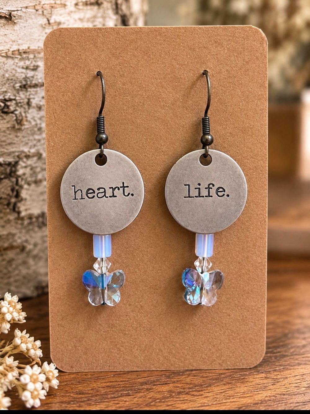 OOAK Artisan Heart Life Earrings Vintage AB Butterfly Crystal Dangles